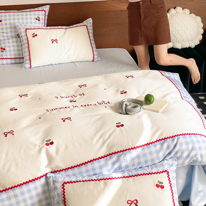 Gingham-Trim Cherry Embroidered Cotton Duvet Cover Set with Pillow Shams and Rickrack Border