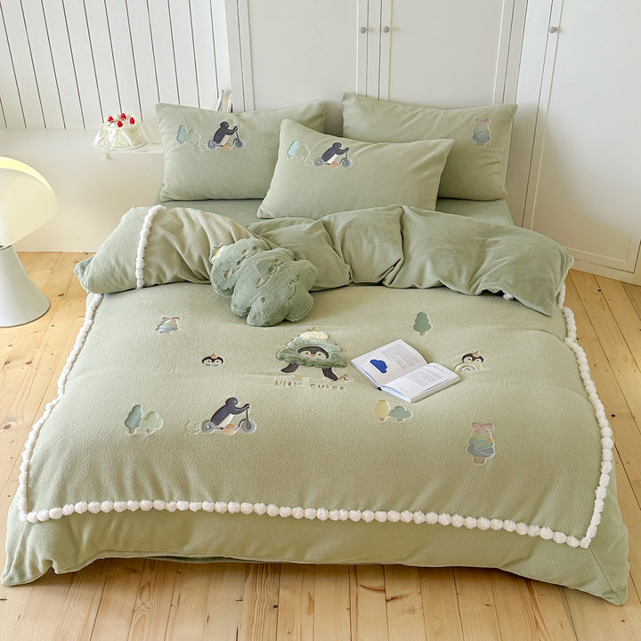 Plush Cartoon Appliqué Pom-Pom-Trim Fleece Duvet Cover Bedding Set