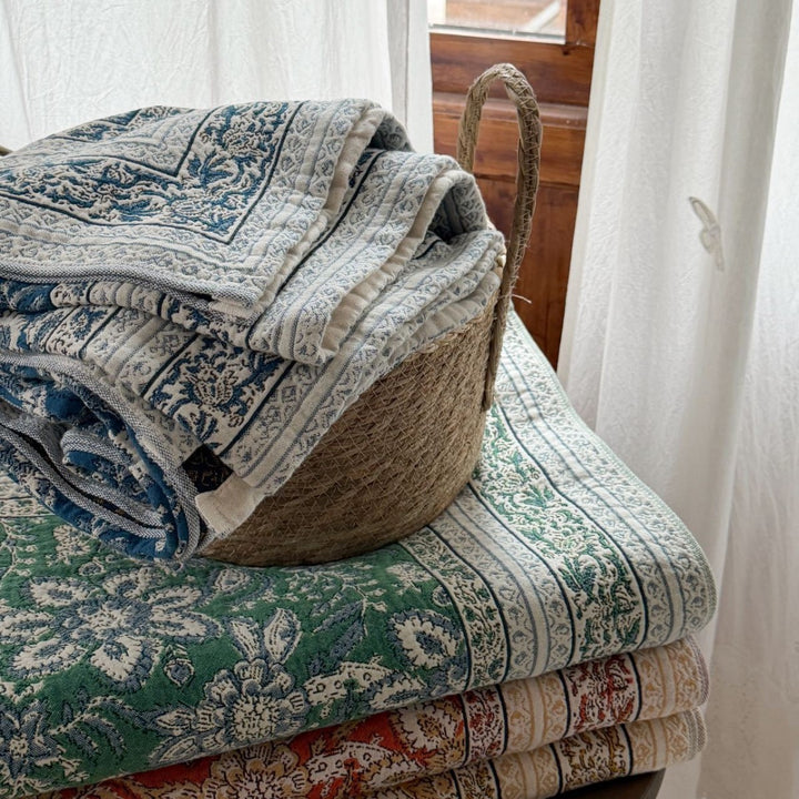 Handcrafted Floral Kantha-Style Cotton Quilt Bedspread with Matching Pillow Shams