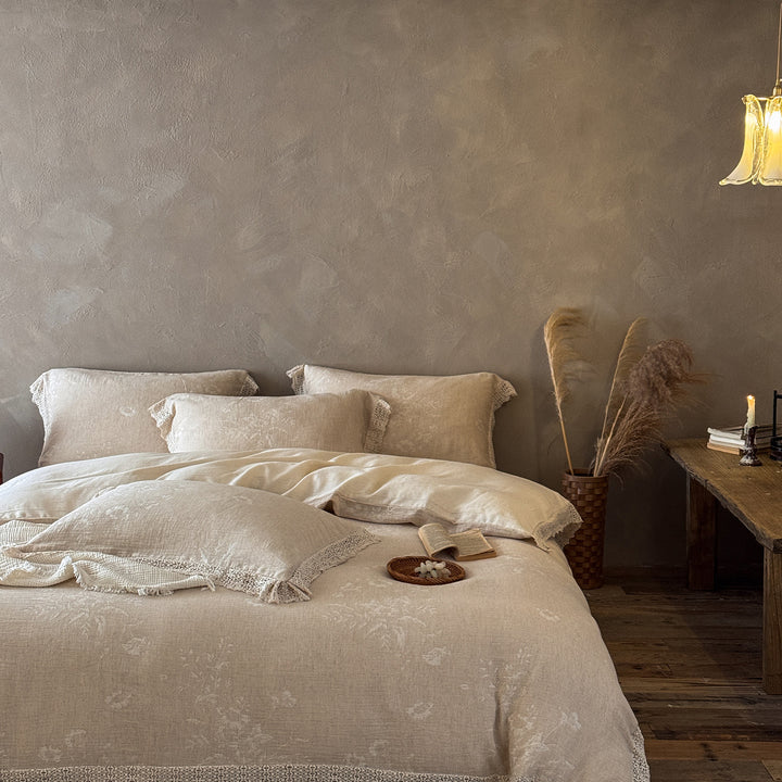 Reversible Cotton-Linen Duvet Cover Set with Crochet Lace Hem
