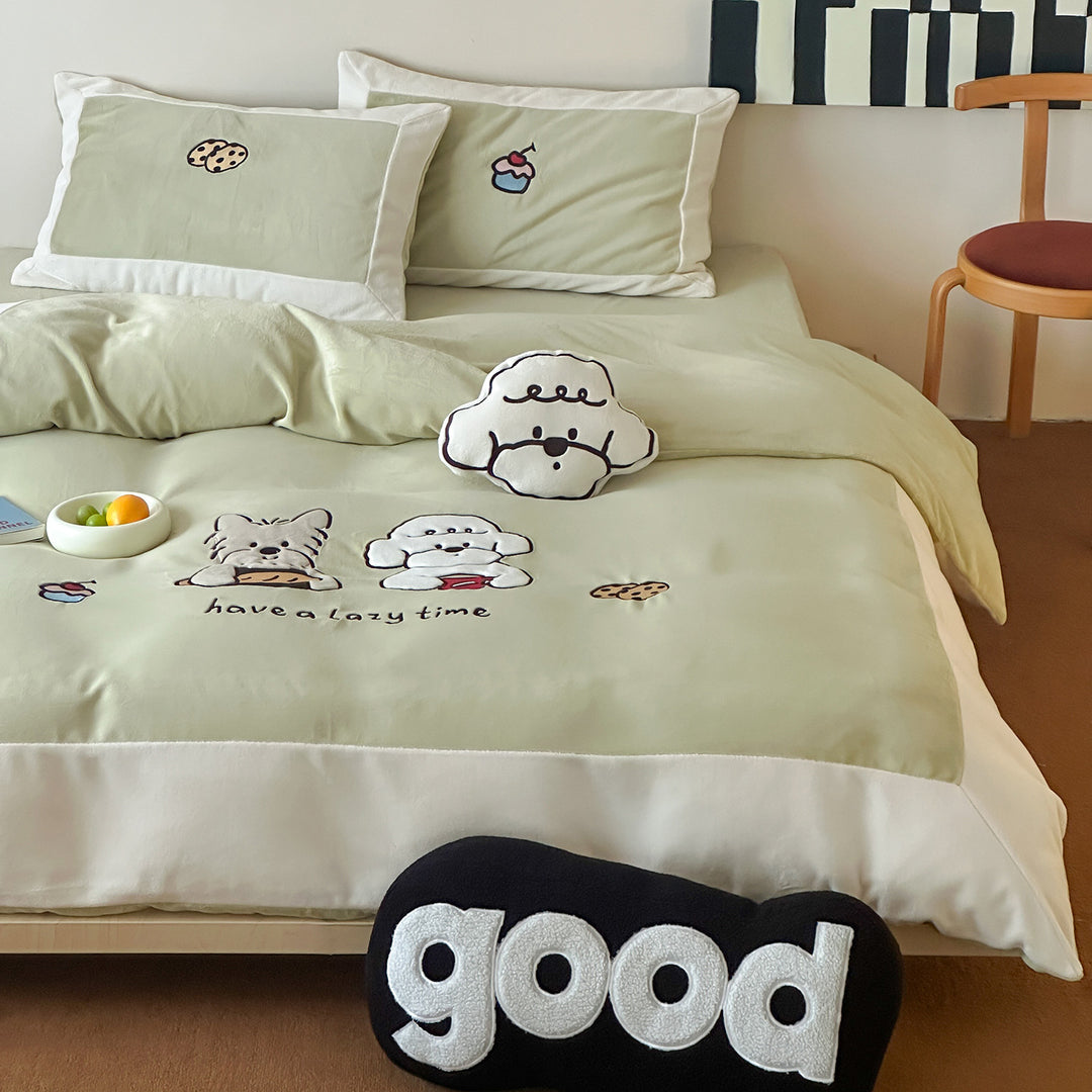 Cozy bedding set with embroidered cartoon dog motifs