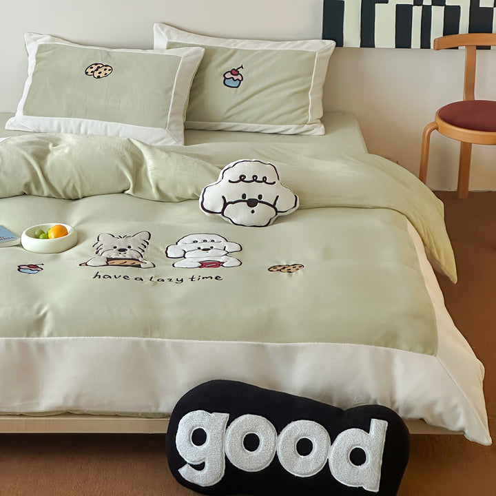 Cozy bedding set with embroidered cartoon dog motifs