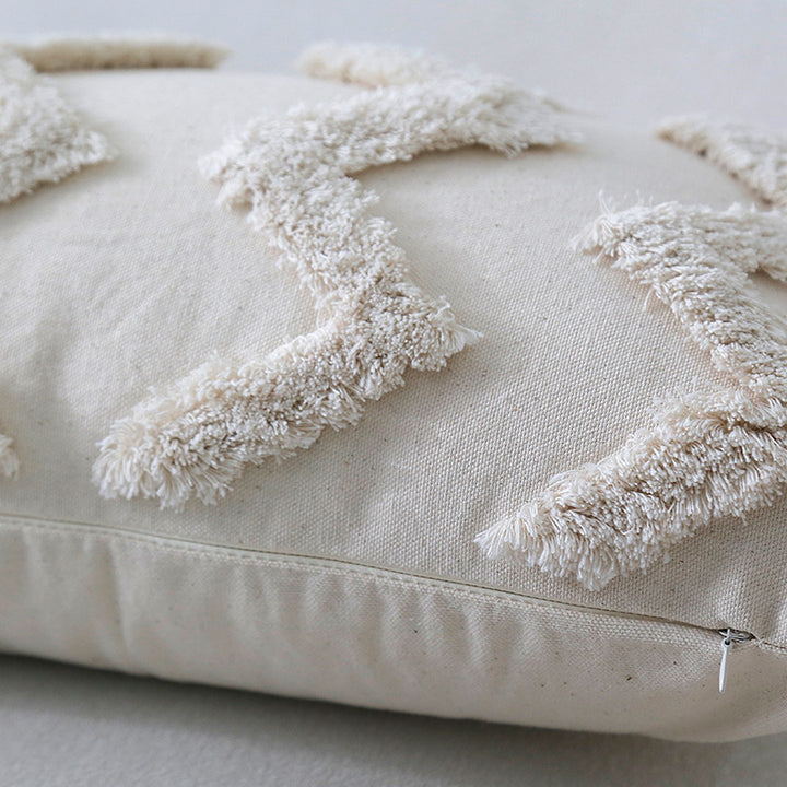 Bohemian Tufted Cotton Lumbar Throw Pillow with Clustered Fringe Texture and Corner Tassels