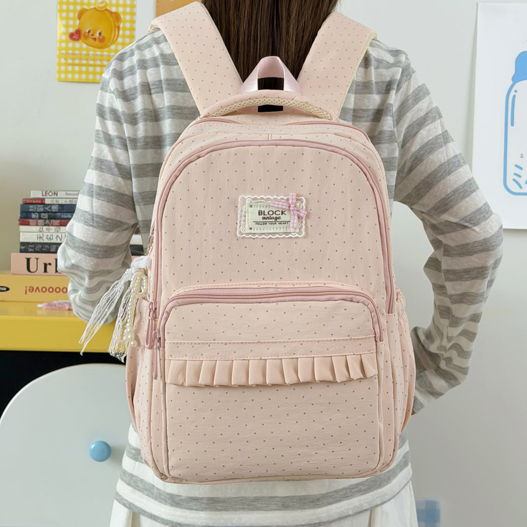 Polka Dot Patterned Backpack with Ruffle Accents Stornfield