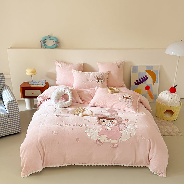 Children's Embroidered Cartoon Duvet Cover Bedding Set with Plush Appliqué & Pillow Shams
