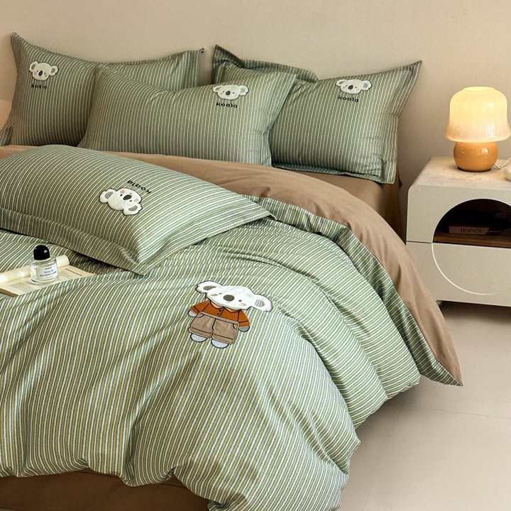 Green Striped Cotton-Rich Duvet Cover Set with Embroidered Koala and Reversible Brown Lining