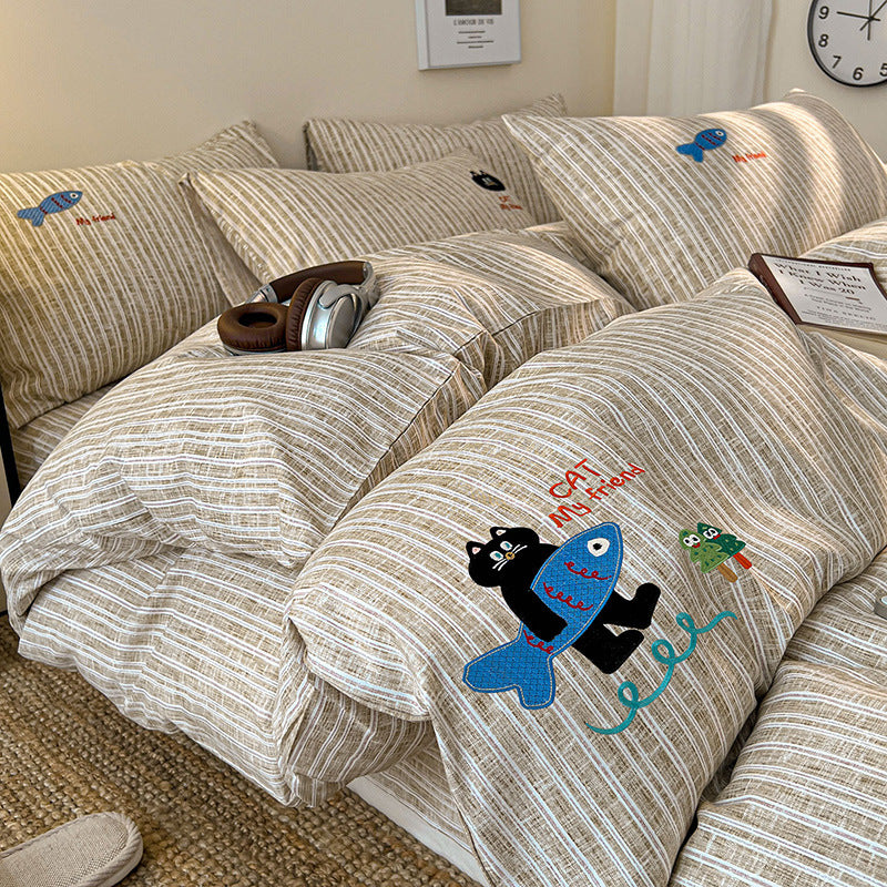 Embroidered Cotton-Blend Stripe Duvet Cover Set with Playful Cat & Fish Appliqué