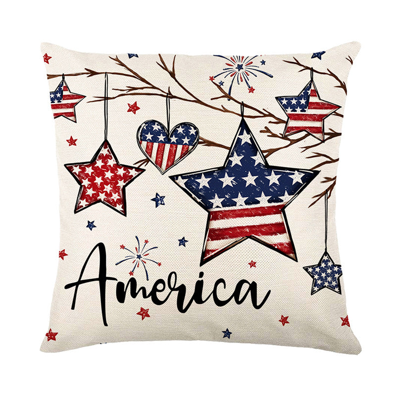 Decorative Cotton-Linen Patriotic Star Ornament Square Throw Pillow Cover