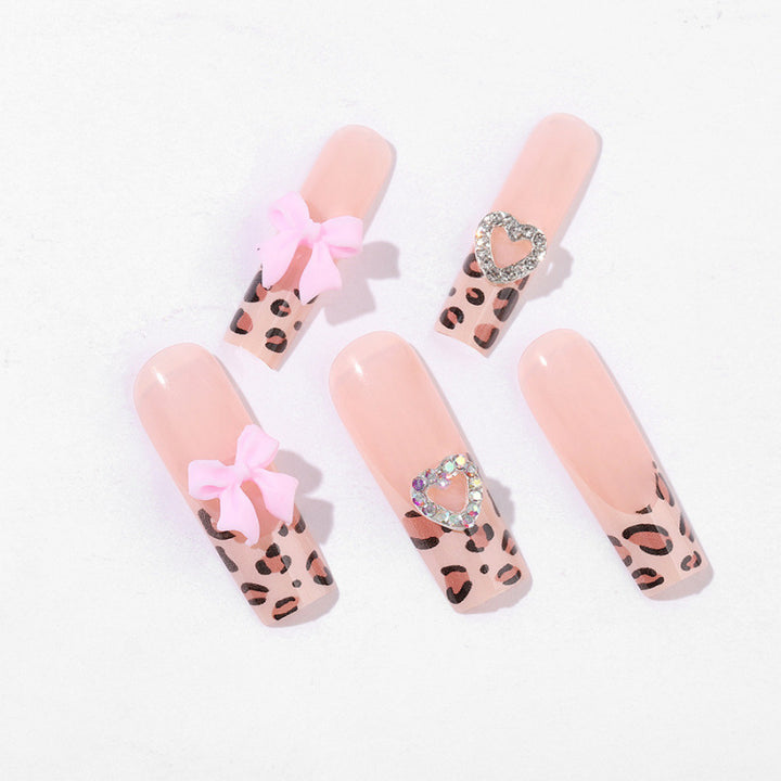Decorative Press-On Nail Art Set with Leopard Print and Bow Accents