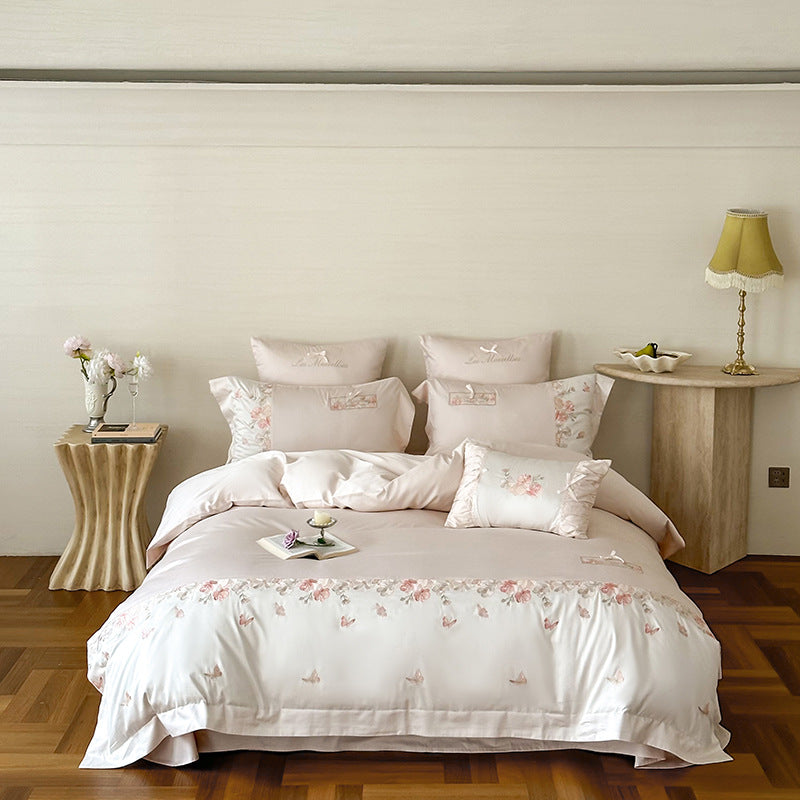 Luxury Embroidered Ruffled Satin Duvet Cover Set