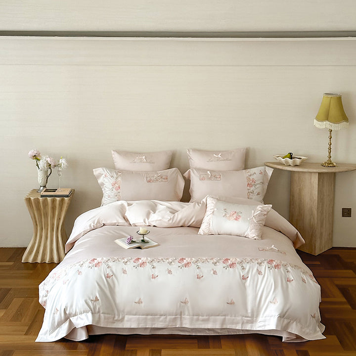 Luxury Embroidered Ruffled Satin Duvet Cover Set