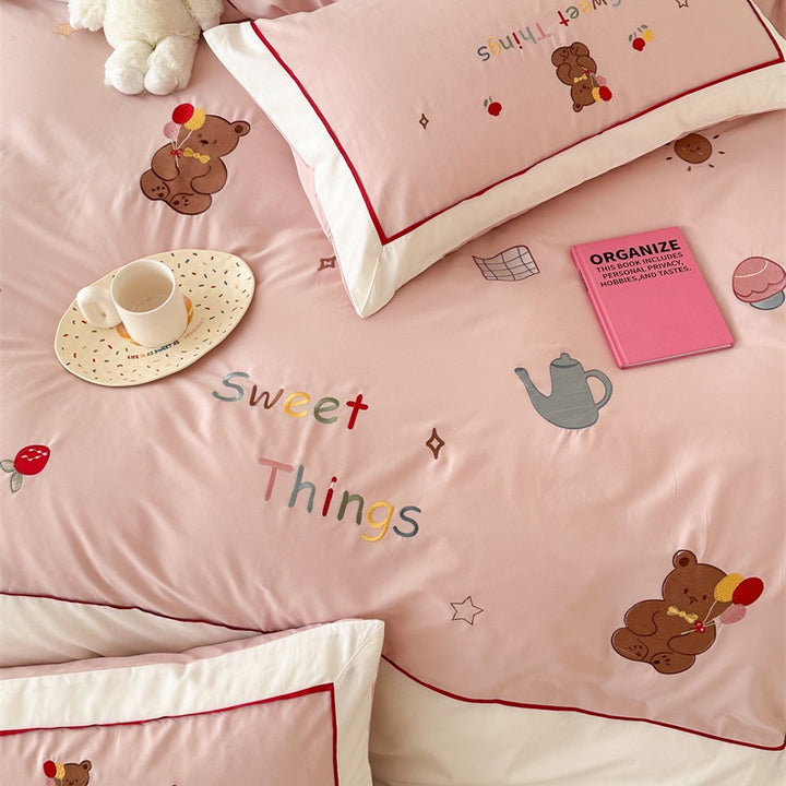 Cotton satin bedding set with delicate cherry embroidery and reversible function