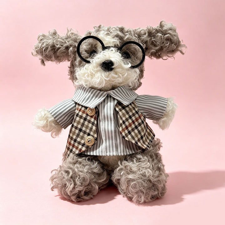 Curly-Fur Sitting Puppy Plush with Round Glasses & Plaid 'LOVE' Bandana Stornfield