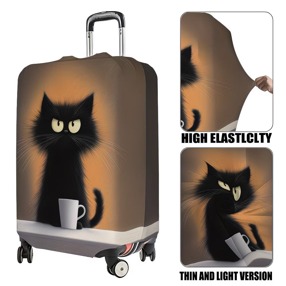 Unisex non-elastic suitcase cover with cartoon cat motif and cup design, durable travel suitcase protection Stornfield