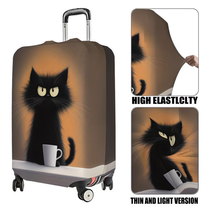 Unisex non-elastic suitcase cover with cartoon cat motif and cup design, durable travel suitcase protection Stornfield