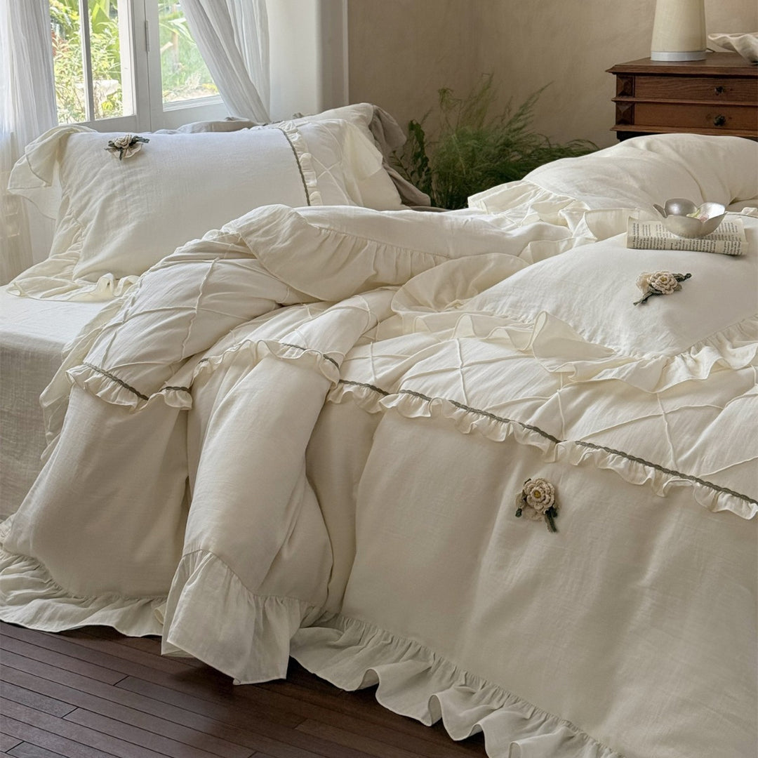 Washed Linen Ruffled Duvet Cover Set with Embroidered Floral Appliqué