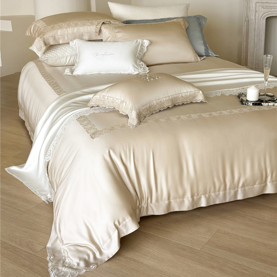 Silky Embroidered Floral Sateen Duvet Cover Set with Lace-Trim Shams