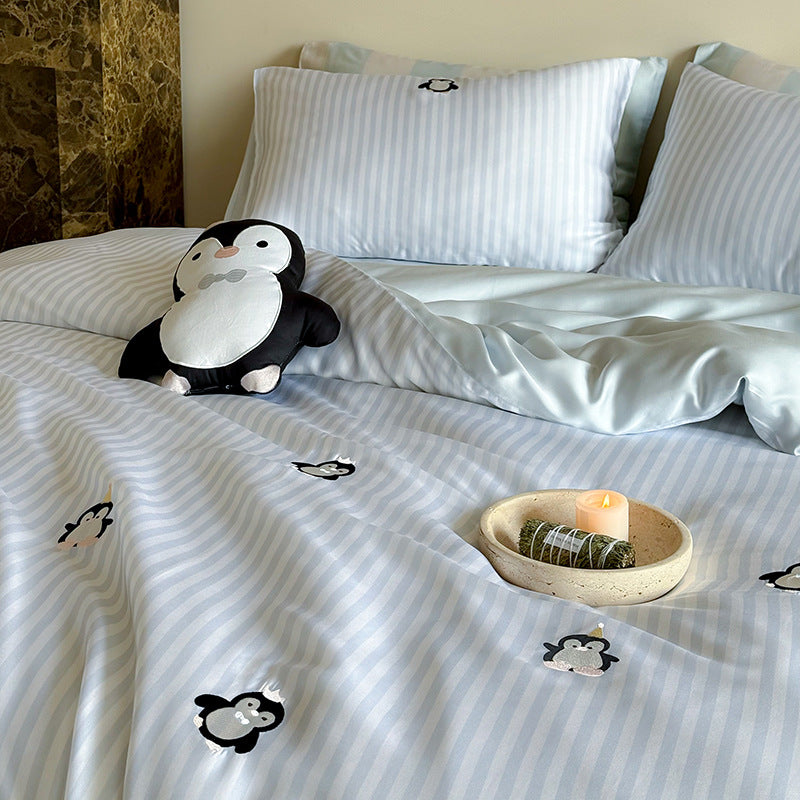 Satin bedding set with silky glossy striped design and subtle panda illustration