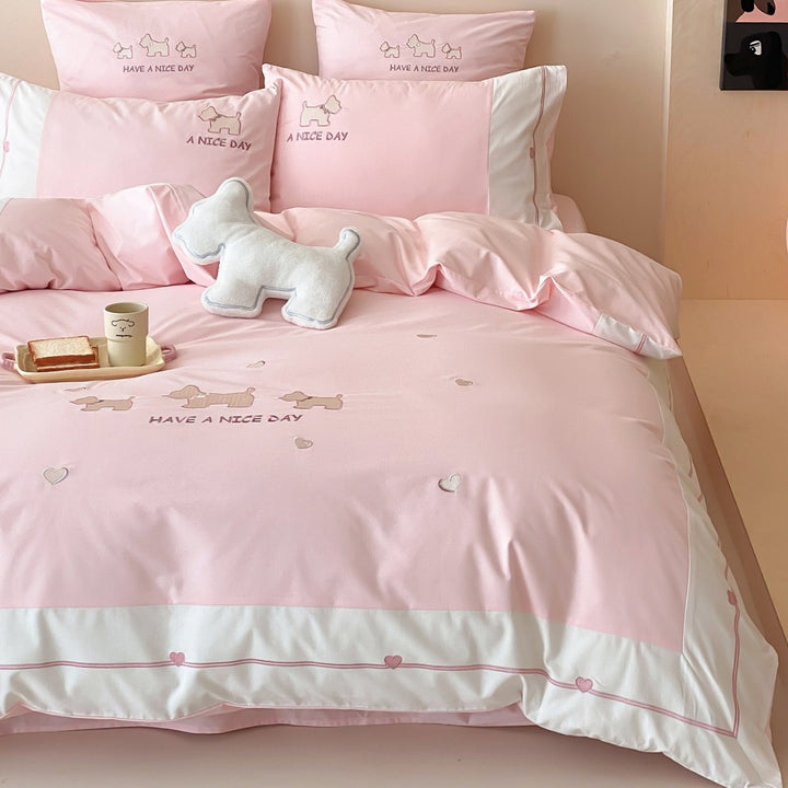 Cute Embroidered Dog Motif Cotton Sateen Duvet Cover Set with Heart Border and Pillow Shams