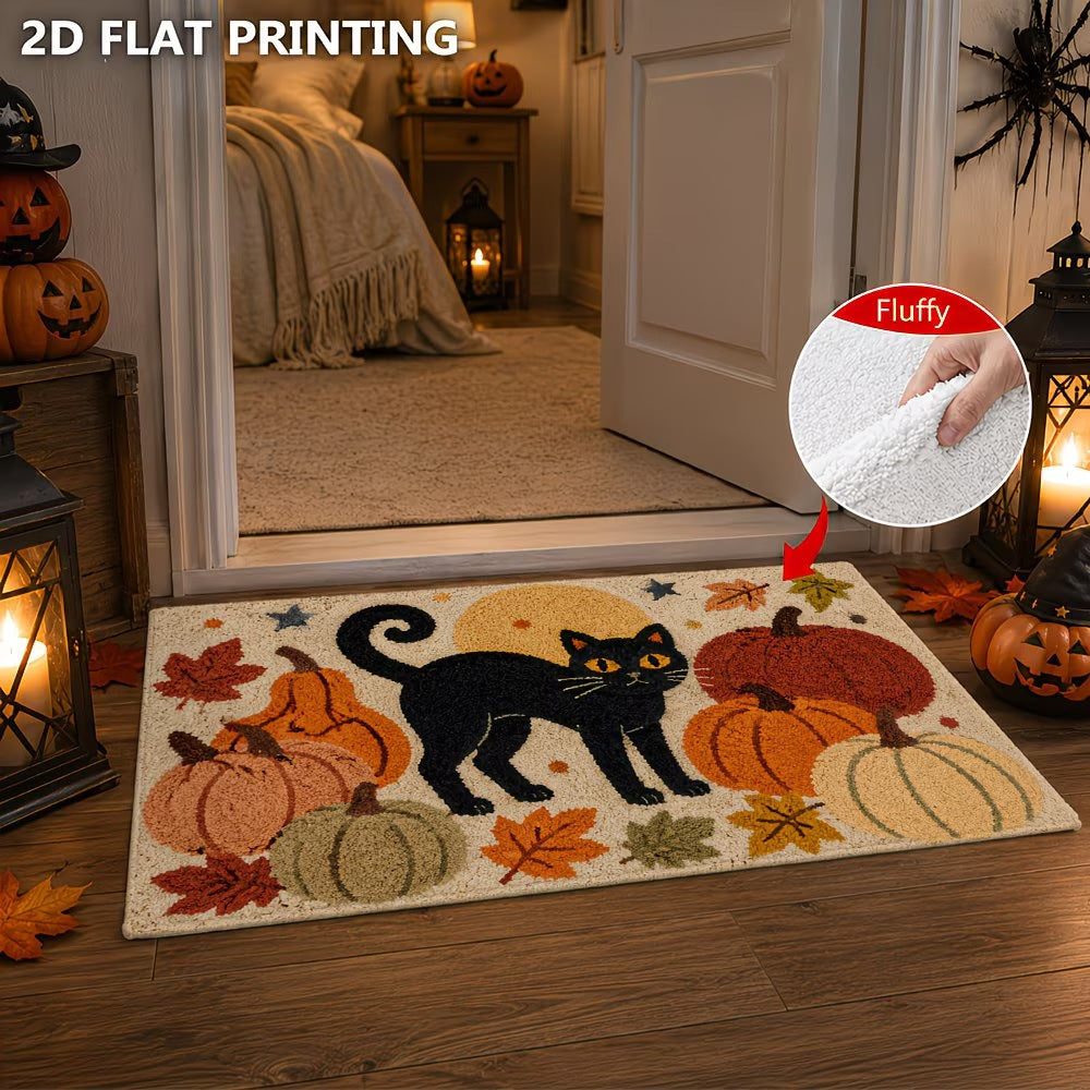 Halloween-Themed Cat and Pumpkin Decorative Doormat