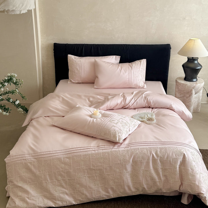 Matelassé Embroidered Cotton Duvet Cover Set with Pintuck Border & Decorative Pillow Shams