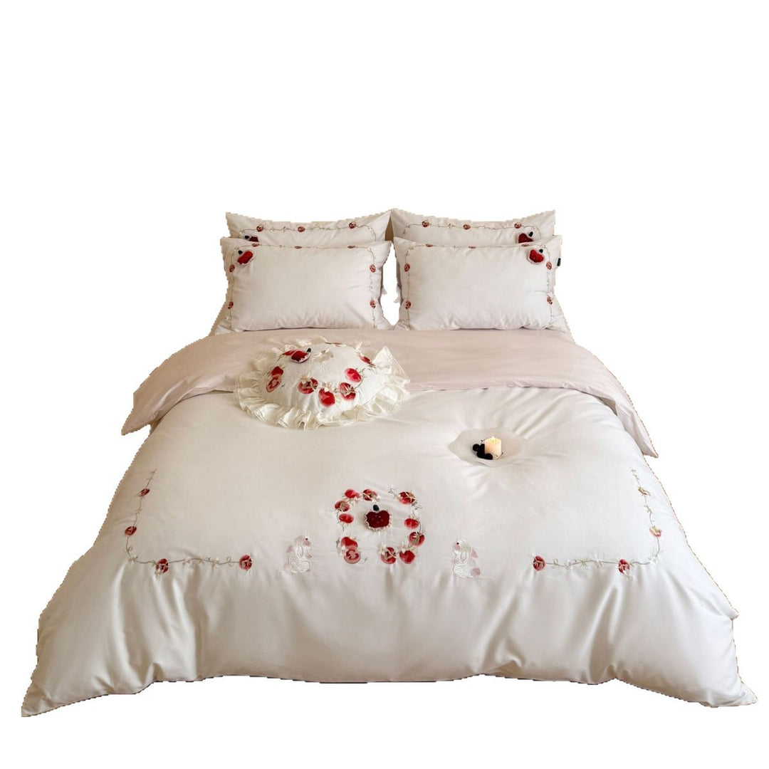 Embroidered Rose Appliqué Ruffled Cotton Duvet Cover Set