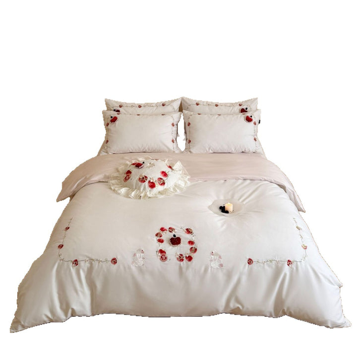 Embroidered Rose Appliqué Ruffled Cotton Duvet Cover Set