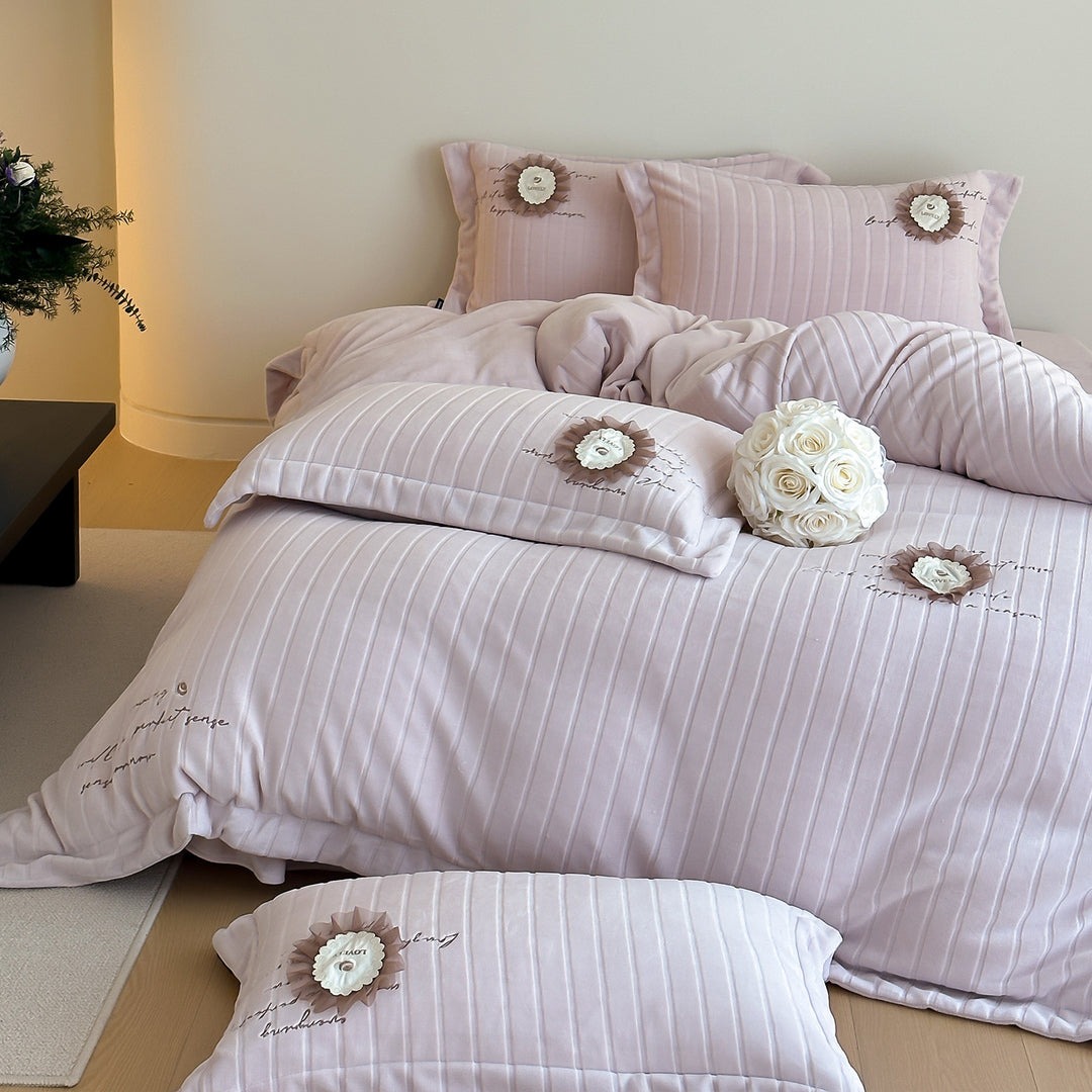 Quilted Sateen Duvet Cover Bedding Set with Appliqué Rosette & Embroidered Script
