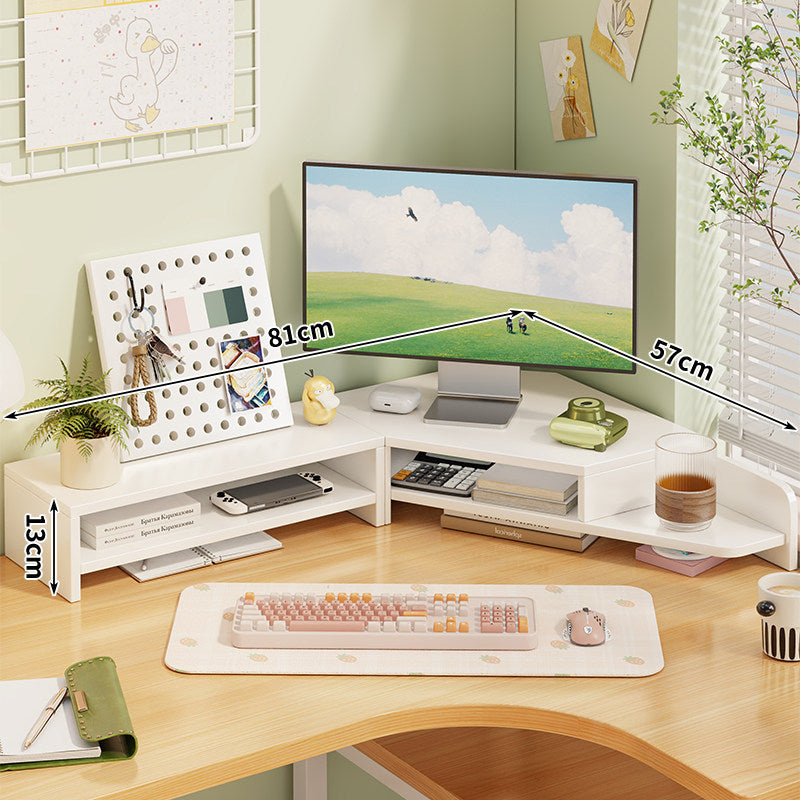 Corner Wooden Monitor Riser with Dual-Tier Storage Shelf