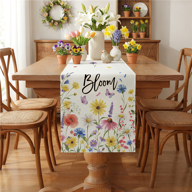 Watercolor Wildflower Cotton-Linen Table Runner with Meadow Botanical Print