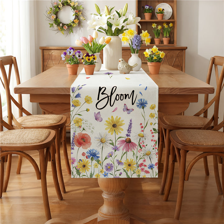 Watercolor Wildflower Cotton-Linen Table Runner with Meadow Botanical Print