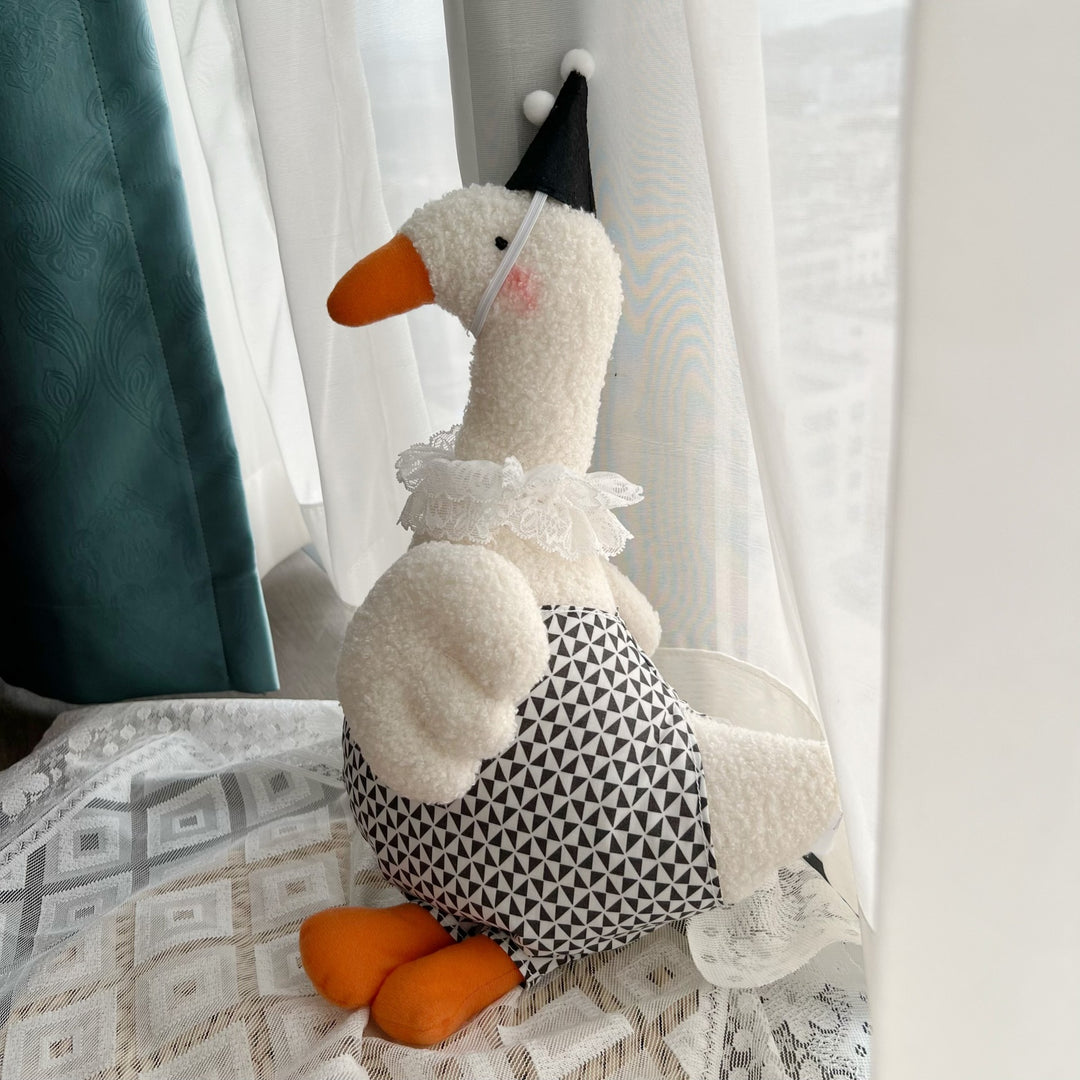 Plush Decorative Goose Soft Toy with Lace Collar and Geometric Body