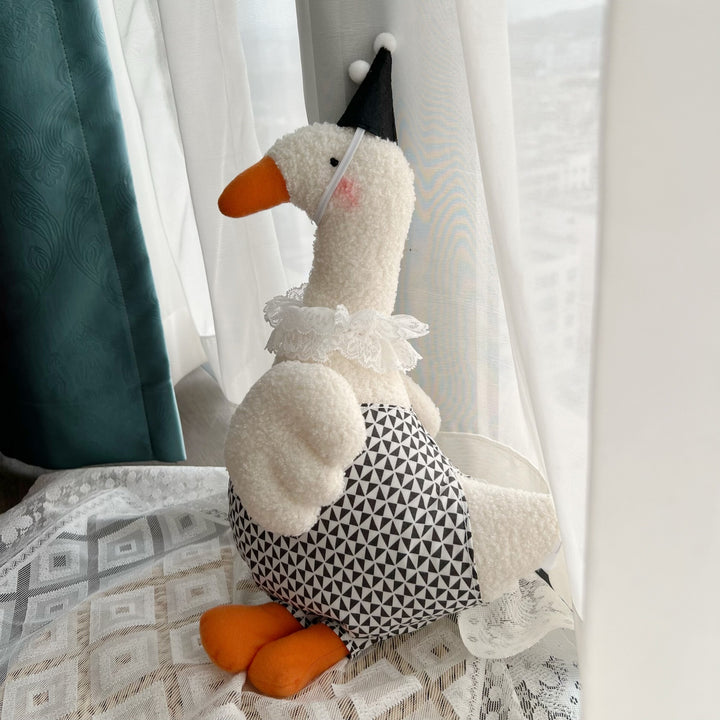 Plush Decorative Goose Soft Toy with Lace Collar and Geometric Body