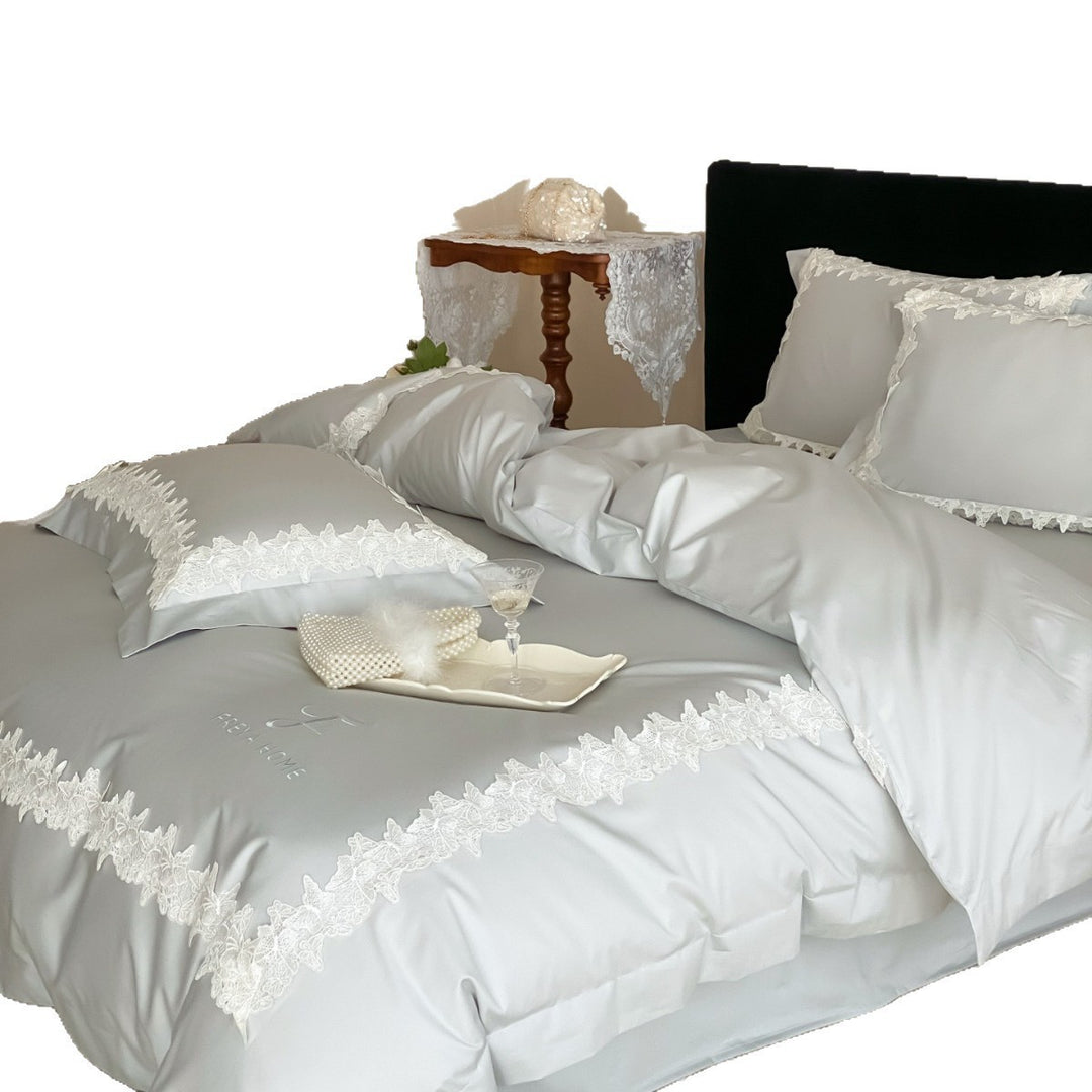 Satin Lace-Trim Duvet Cover Set with Eyelash Fringed Pillow Shams