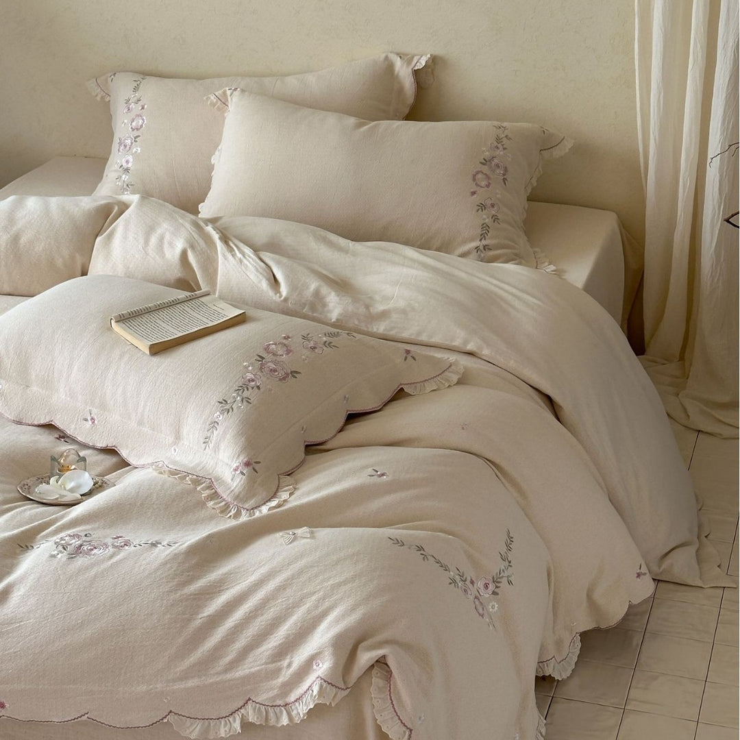Embroidered Linen-Blend Duvet Cover Set with Scalloped Ruffle Shams