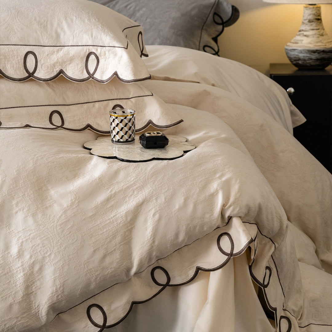Embroidered Scalloped-Loop Jacquard Duvet Cover Set with Matching Pillow Shams