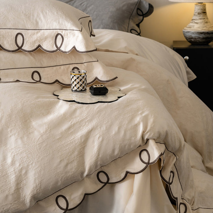 Embroidered Scalloped-Loop Jacquard Duvet Cover Set with Matching Pillow Shams