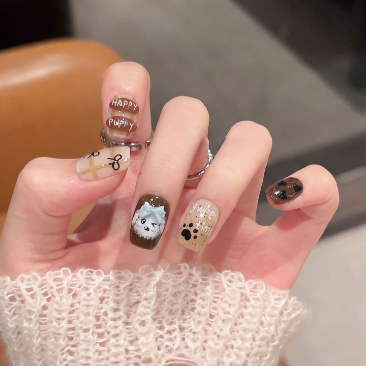 Playful Cartoon Dog-Themed Press-On Nail Art Set Stornfield