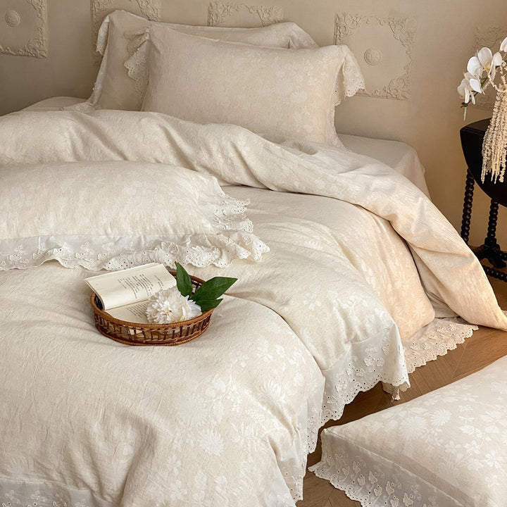 Lace-Trim Floral Jacquard Duvet Cover Set