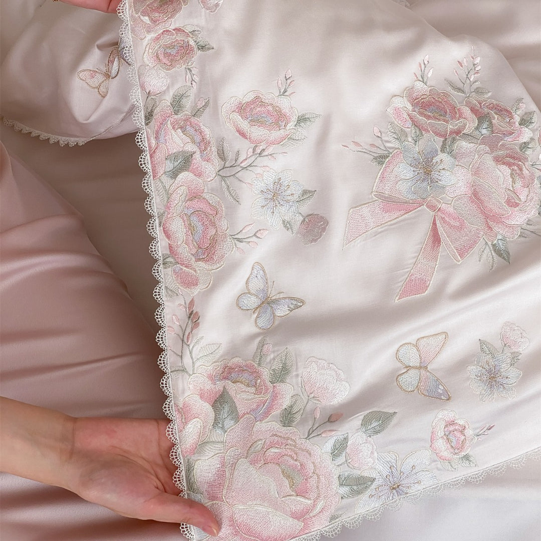 Vintage Rose Embroidered Satin Duvet Cover Ensemble with Scalloped Lace Trim
