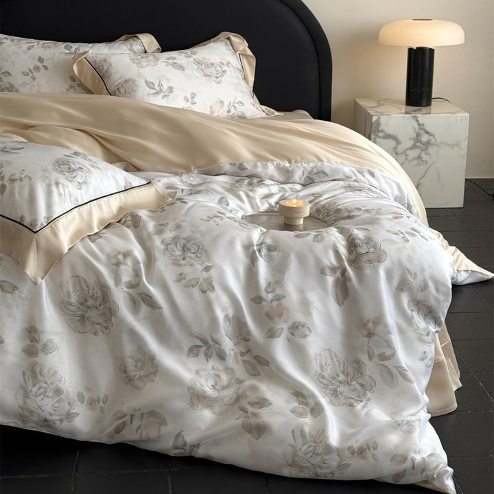 Luxury Watercolor Rose Sateen Duvet Cover Set with Satin-Back and Piped Shams