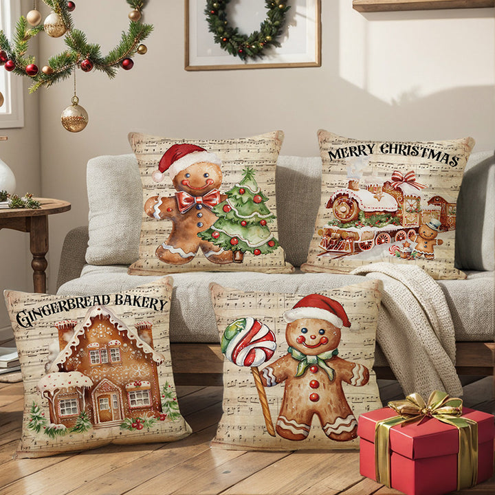 Festive Linen-Texture Decorative Throw Pillow Cover with Gingerbread Man and Musical Sheet Print
