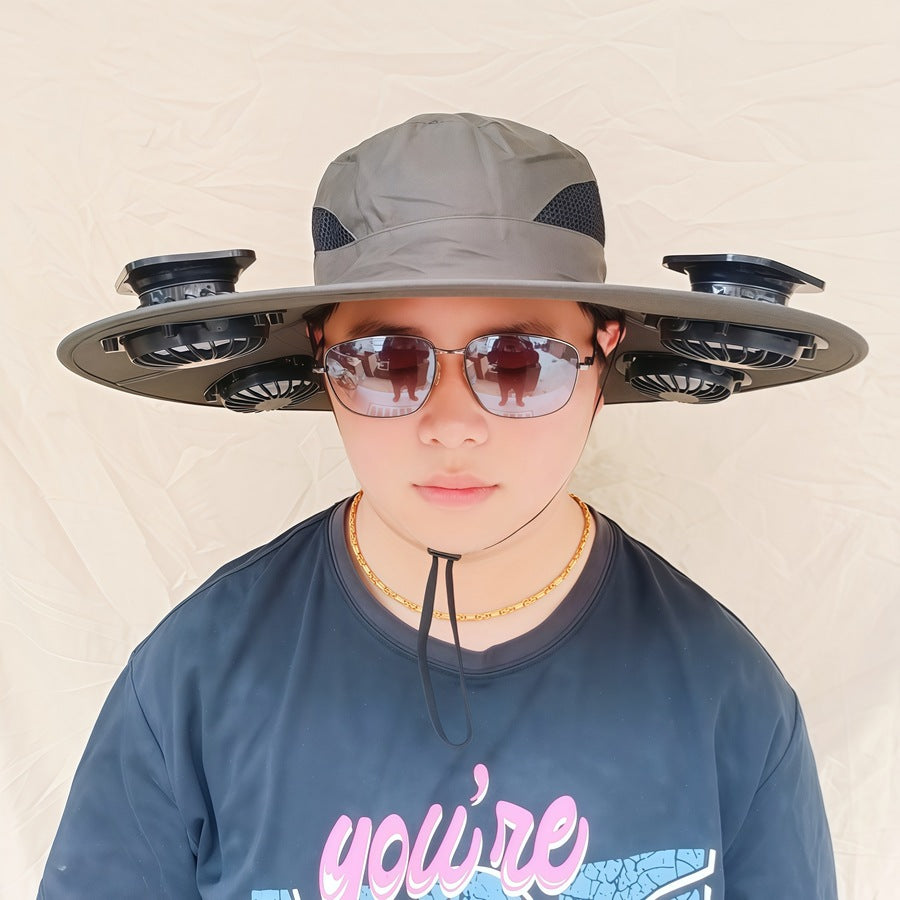 Wide-brimmed sun hat with detachable swivel solar fans and adjustable chin strap Stornfield