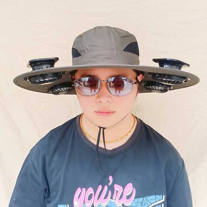 Wide-brimmed sun hat with detachable swivel solar fans and adjustable chin strap Stornfield