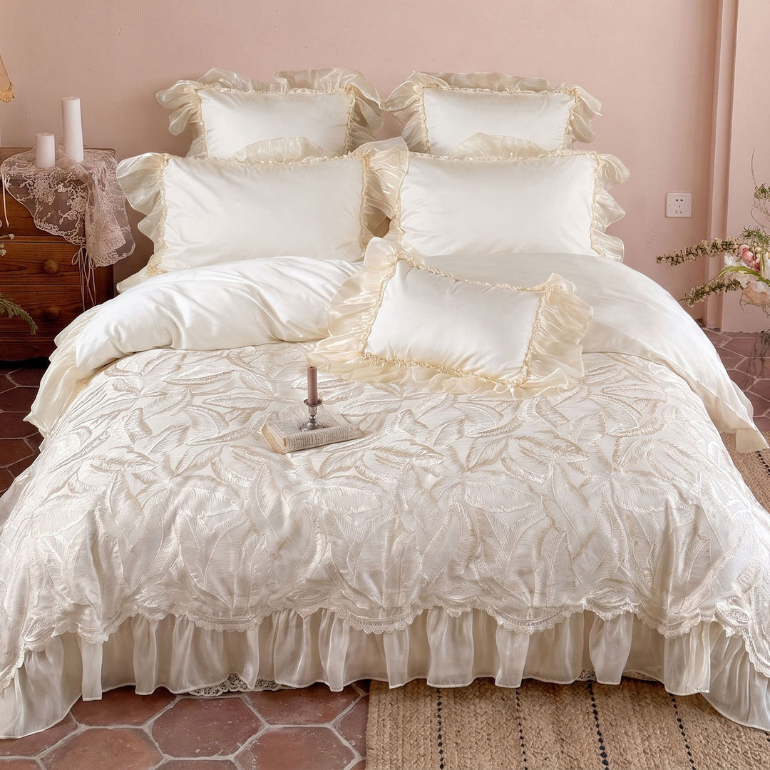Luxurious Ruffled Organza-Trim Satin Duvet Cover Set with Embroidered Leaf Jacquard Bedspread