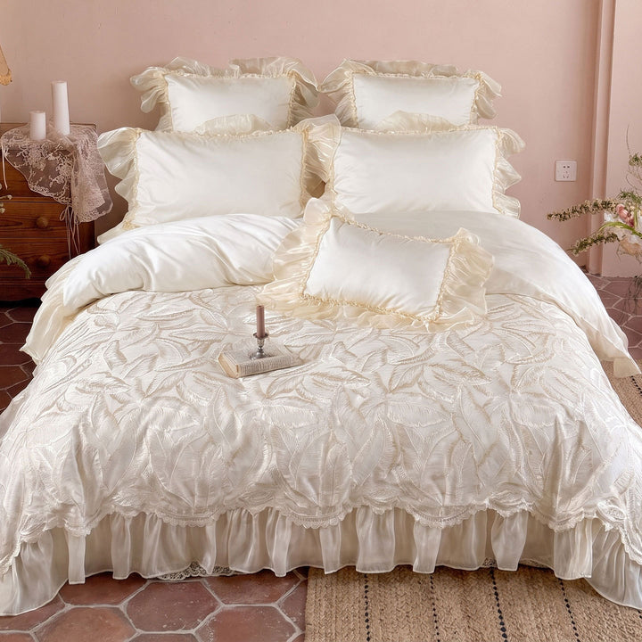 Luxurious Ruffled Organza-Trim Satin Duvet Cover Set with Embroidered Leaf Jacquard Bedspread