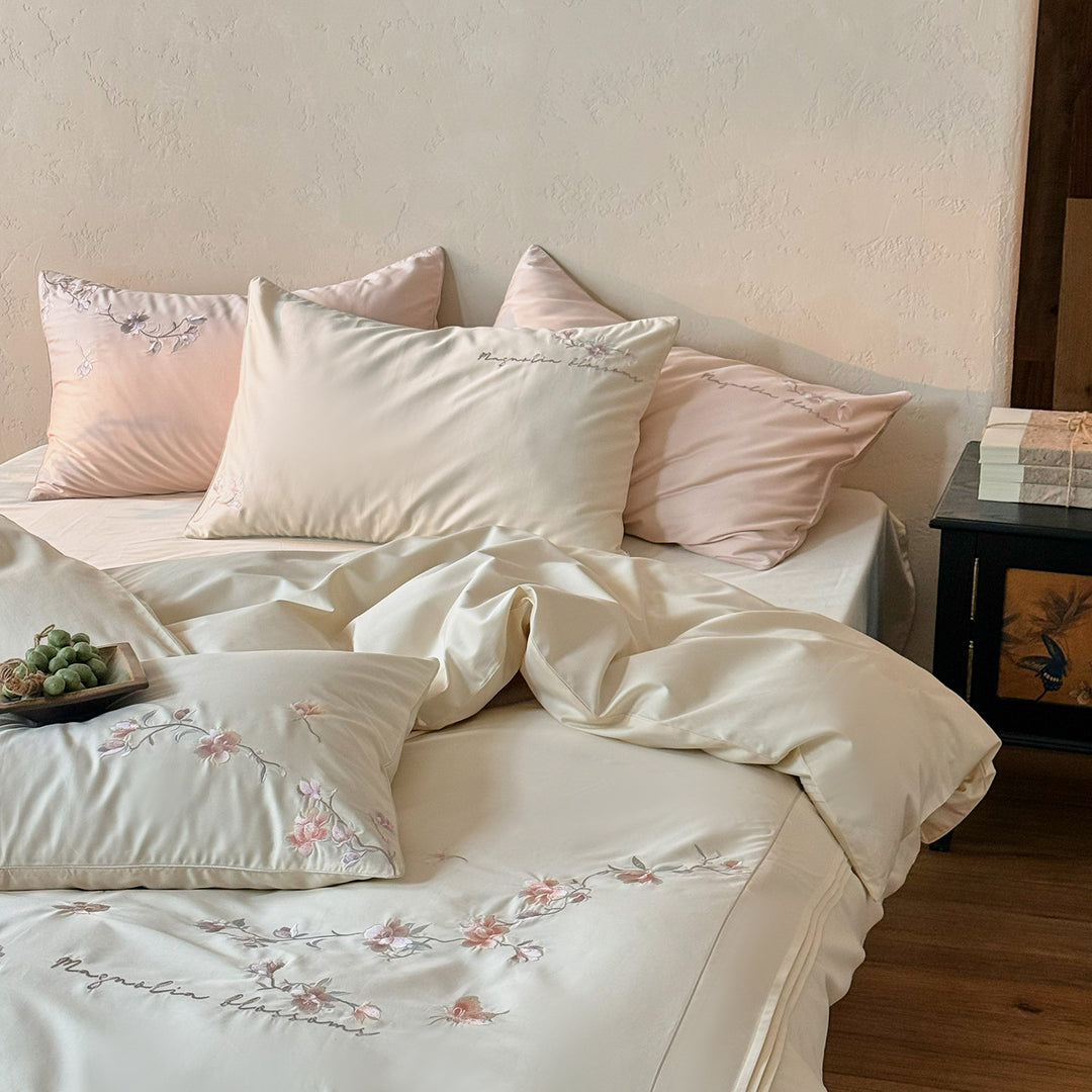 Embroidered Botanical Cotton Sateen Duvet Cover Set
