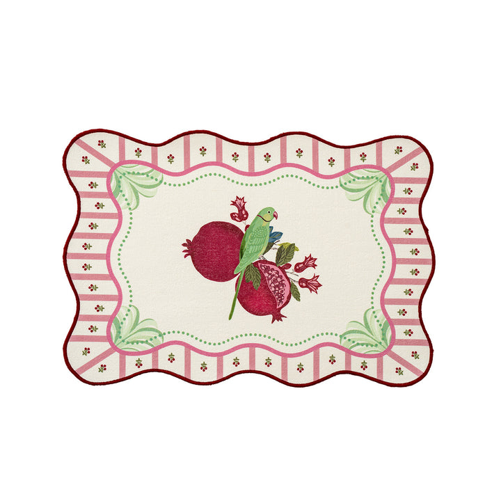 Shaped placemat made of cotton blend with pomegranate and parrot motif