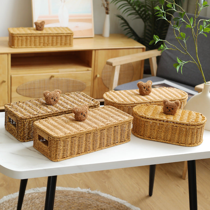 Decorative Woven Storage Box with Cute Bear Lid Stornfield