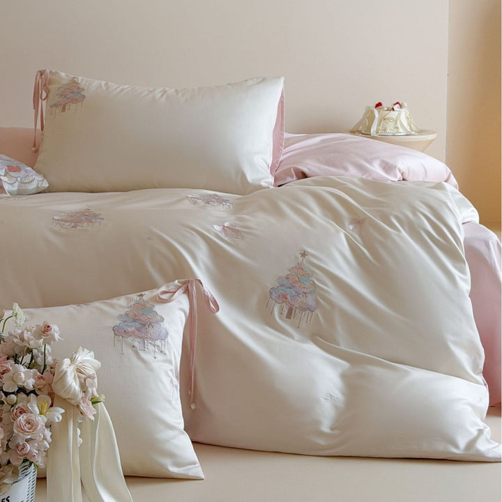 Embroidered Satin Duvet Cover Set with Reversible Sateen and Ribbon-Tie Pillow Shams